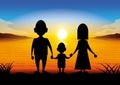 Silhouette cartoon family standing at sunset