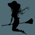 Silhouette of a cartoon woman in a hat riding a broomstick