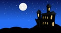 Silhouette Castle With Ghosts In Moonlight Scary Shadows Happy Halloween Banner Trick Or Treat Concept Holiday Royalty Free Stock Photo