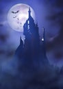 The silhouette of the castle at night against the background of the moon, bats fly out of it, lights are on in the windows. Royalty Free Stock Photo
