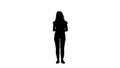 Silhouette Casual charming woman presenter puching imaginary button on imaginary screen.