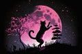 Silhouette of a cat on the background of the full moon