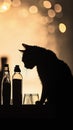 Silhouette of a Cat with Bottles Against a Warm, Bokeh-Lit Background