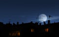 Silhouette of cat on the roof at night with full moon Royalty Free Stock Photo
