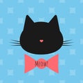 Silhouette of a cat`s head, bow, text Meow! Seamless background.