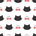 Silhouette of a cat`s head, bow, text Meow! Seamless pattern.