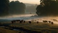 Silhouette of cattle grazing in tranquil meadow generated by AI Royalty Free Stock Photo