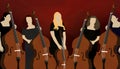 Silhouette of cello players (musicians) on red background