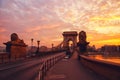 Silhouette of Chain Bridge on the background of sunrise in Budapest. Hungary travel destination and tourism landmark. Royalty Free Stock Photo