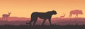 Silhouette Cheetah In The Savanna with Wildebeest, and two Deer Vector Illustration