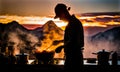 silhouette of a person cooking on a gas stove with the pan in the foreground (AI Generated)