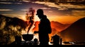 silhouette of a person cooking on a gas stove with the pan in the foreground (AI Generated)