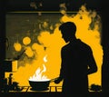 silhouette of a person cooking on a gas stove with the pan in the foreground (AI Generated)