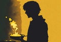 silhouette of a person cooking on a gas stove with the pan in the foreground (AI Generated)