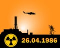 Silhouette of the Chernobyl nuclear power plant on an orange background