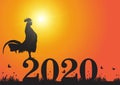 Silhouette of chicken crowing on number 2020 on bright sunrise background, new year celebration concept Royalty Free Stock Photo