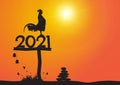 Silhouette of chicken crowing on number 2021 on sunrise background, new year celebration concept vector illustration Royalty Free Stock Photo