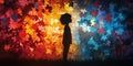 Silhouette of a child against a vibrant puzzle background, symbolizing the complexities of child psychology and Royalty Free Stock Photo