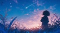 Silhouette of a child with curly hair gazing at a shooting star in a twilight sky surrounded by flora