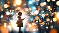 Silhouette of child with mobile device amidst colorful bokeh lights