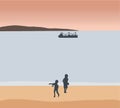 Silhouette of child playing on the beach at the sunset time. Concept of friendly family.