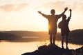 Silhouette of children backpack in nature