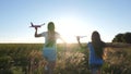 Silhouette of children playing on an airplane on a flower field. Dreams of flying. Happy childhood. Two girls play with Royalty Free Stock Photo