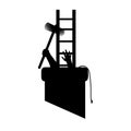 Silhouette chimney sweep in pipe with tools, got to work and got stuck. Vector illustration for designers