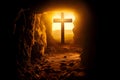Silhouette of Christian cross in a cave. Cross of Jesus Christ at the end of the tunnel. Royalty Free Stock Photo