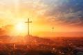 silhouette christian cross on grass in sunrise Royalty Free Stock Photo