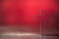 Silhouette of christian cross on red background, soft bokeh lights background. Copy space. Church worship, salvation Royalty Free Stock Photo