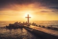 Silhouette christian cross in the sea, sunrise shot