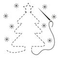 Silhouette of christmas tree with interrupted contour. Vector illustration of handmade work with embroidery thread and needle