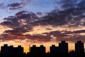 The silhouette of the city against the beautiful sky during sunset. Tall buildings in Minsk