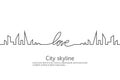 Silhouette of the city and heart and love in continuous drawing lines in a flat style. Modern urban landscape. Vector Royalty Free Stock Photo