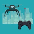 Silhouette city landscape with remote control and black robot drone with two airscrew flying and base Royalty Free Stock Photo