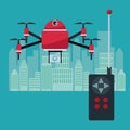 Silhouette city landscape with remote control and red robot drone with four airscrew flying and camera device
