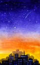 Silhouette of the city, cityscape on a background of gradient purple yellow sunrise and a starry sky with copy space in Royalty Free Stock Photo