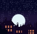 Silhouette of the city and night sky with stars and moon. Falling snow. Cat on the roof.