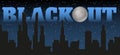 Silhouette of the city and night with stars, fool moon at the dark sky and blackout title Royalty Free Stock Photo