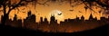 Silhouette of City panorama in halloween style. Scary halloween isolated background. halloween scene horror, Orange and yellow