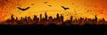 Silhouette of City panorama in halloween style. Scary halloween isolated background. halloween scene horror, Orange and yellow