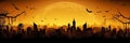 Silhouette of City panorama in halloween style. Scary halloween isolated background. halloween scene horror, Orange and yellow