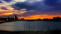 Silhouette cityscape at Han river and beautiful sunset in seoul, South Korea.