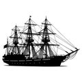 Silhouette of a classic sailing ship with three masts and rigging details against a white background. Royalty Free Stock Photo