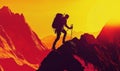 Silhouette of a climber on mountain peak during vibrant sunset in dramatic landscape Royalty Free Stock Photo