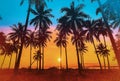 Silhouette coconut palm trees on beach at sunset. Vintage tone Royalty Free Stock Photo