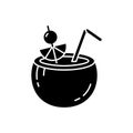 Silhouette Coconut pina colada icon. Coco exotic cocktail. Outline black illustration of nutshell drink with tube, fresh fruits. Royalty Free Stock Photo