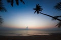 Silhouette of coconut tree slope down to the beach on sunrise ba Royalty Free Stock Photo