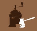 Silhouette of a coffee grinder, cezve and mug, coffee time, vector illustration